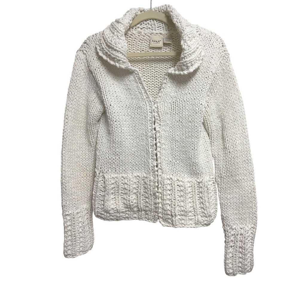 Kenji Handknit Chunky Cotton Blend Cardigan White Sweater Hook Eye Medium M